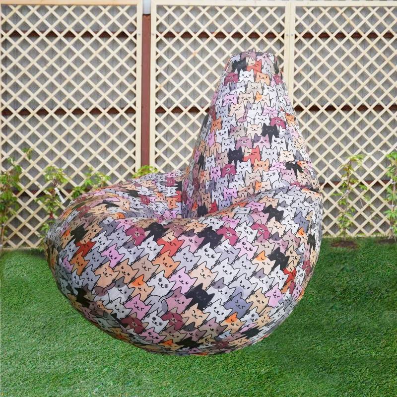 Кресло бескаркасное Груша Коты Серые, размер Компакт, принтованный оксфорд